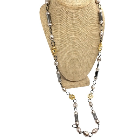 LIA SOPHIA LONG NECKLACE WITH GOLD RHINESTONE PEARL STATIONS GUNMETAL 36” LONG - Picture 3 of 12